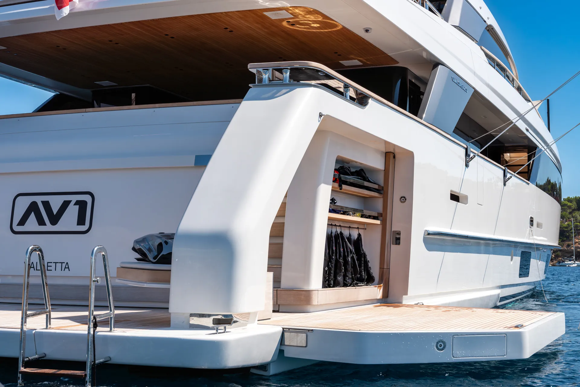 Swim platform lowered at the stern of AV1, garage open